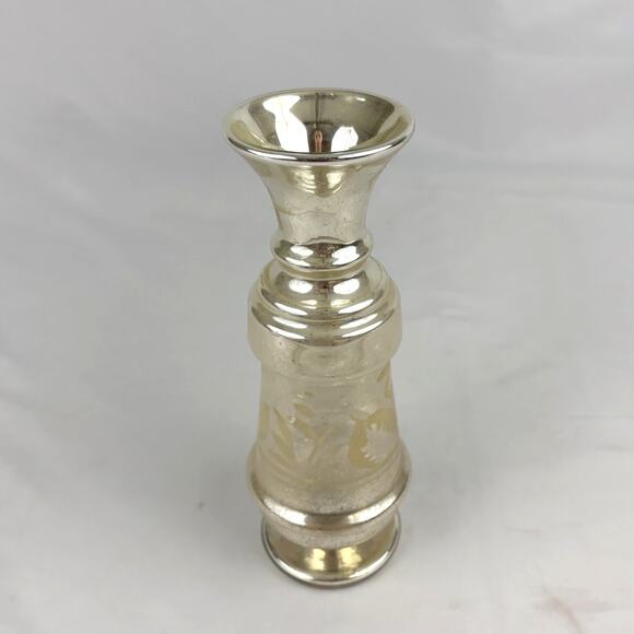 Antique Victorian Silver Hand Blown Mercury Glass Vase Floral Design 9" Tall - Picture 9 of 16
